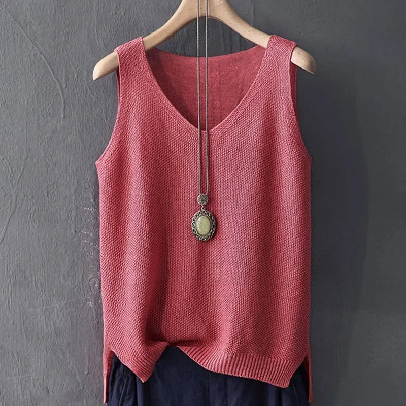 Camisola de verão colete para mulheres solto-ajuste com decote em v sem mangas de malha regata feminina casual roupa de praia