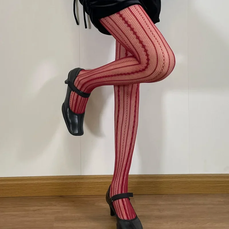 Pantimedias de rejilla de encaje sexis para mujer estilo Lolita diseño calado medias de seda roja JK medias a rayas de cintura alta regalos de navidad