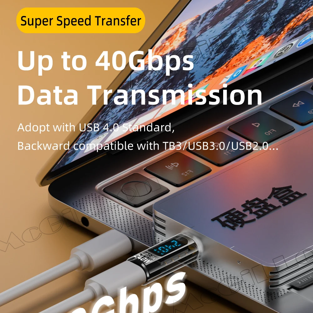 Transparent LED Display 240W USB4.0 40Gbps Type C to C OTG Adapter 8K@60Hz 5A Fast Charging Cable for iPhone 15 14 Tablet Laptop