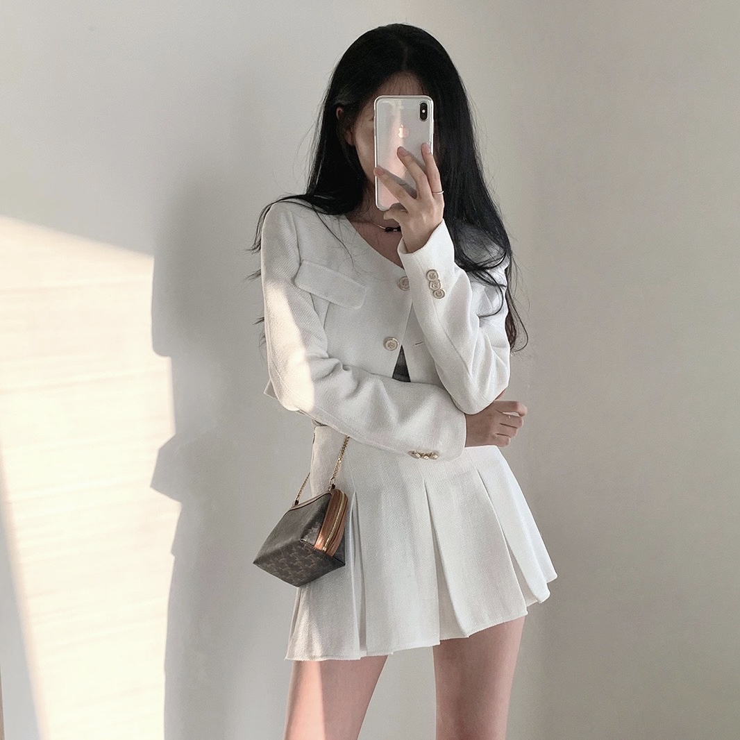 Conjunto de Jaqueta Curta de Tweed e Saia Curta com Forro para Mulheres, Manga Longa, Cor Sólida, Fibra de Poliéster