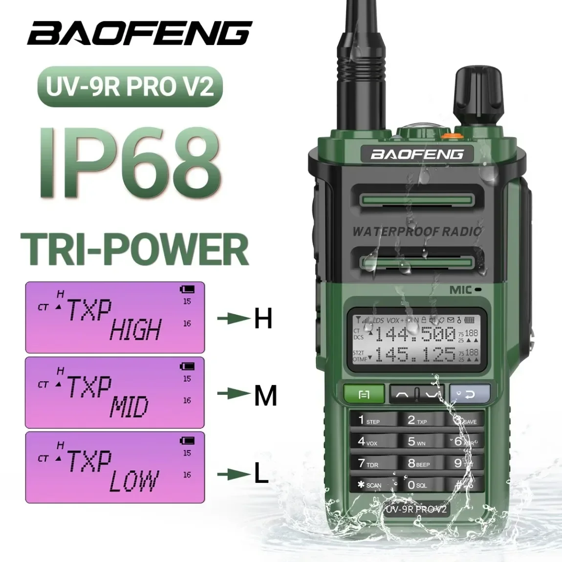 UV 9R Pro V2 Baofeng IP68 Waterproof Walkie Talkie Tri-Power Type-C Charger Dual Band Ham CB Radio Two Way Radio of UV 9R Plus