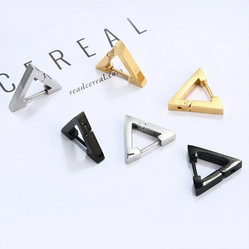 Pendientes de acero inoxidable con triángulos geométricos para hombre y mujer, aretes de aro Punk Unisex, Piercing Push-Back, tapón para la oreja, joyería