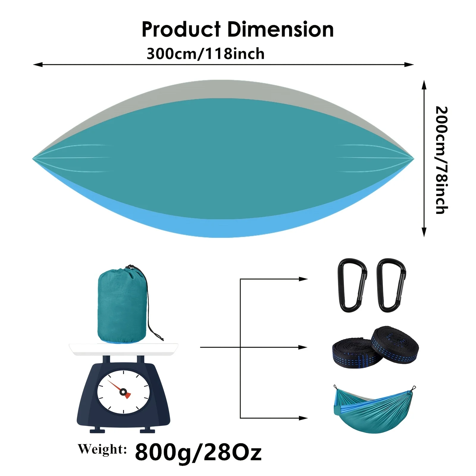 Extra-Large Double Camping Hammock, 3m x 2m (300*200cm), Includes Two 2m Tree Straps, Two D-Shaped Stainless Steel Hooks