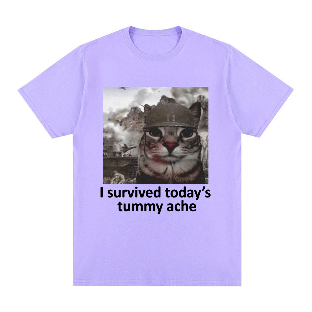 Camiseta I Survived Today's Tummy Pain, camiseta divertida de gato Meme, camiseta de manga corta para hombres y mujeres, camisetas informales de algodón de gran tamaño, ropa de calle