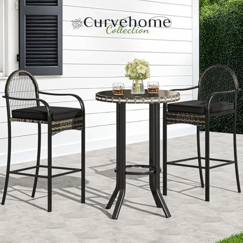 3-Piece Outdoor Wicker Bar Height Set with Cushioned Barstools, Patio Bistro Furniture for Balcony and Poolside, Black