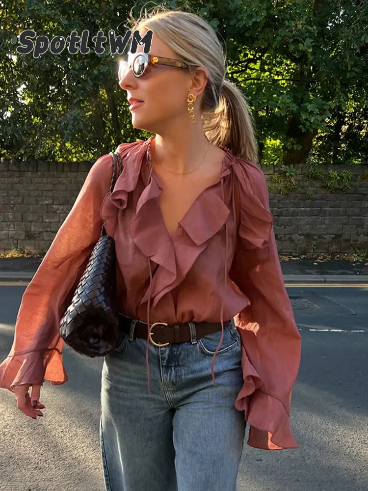 Moda feminina marrom babados rendas até blusa elegante com decote em v solto mangas completas camisas 2025 feminino primavera alta rua topos