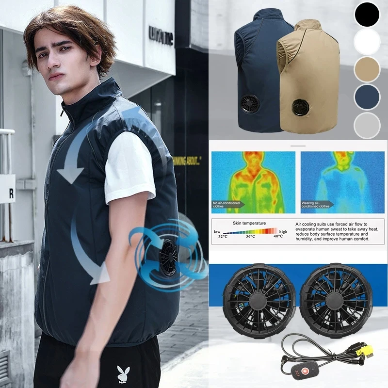Colete masculino de ar condicionado de verão ventoinha, casaco esporte ao ar livre, tamanho grande, carregamento USB, cor sólida, novo, 2022