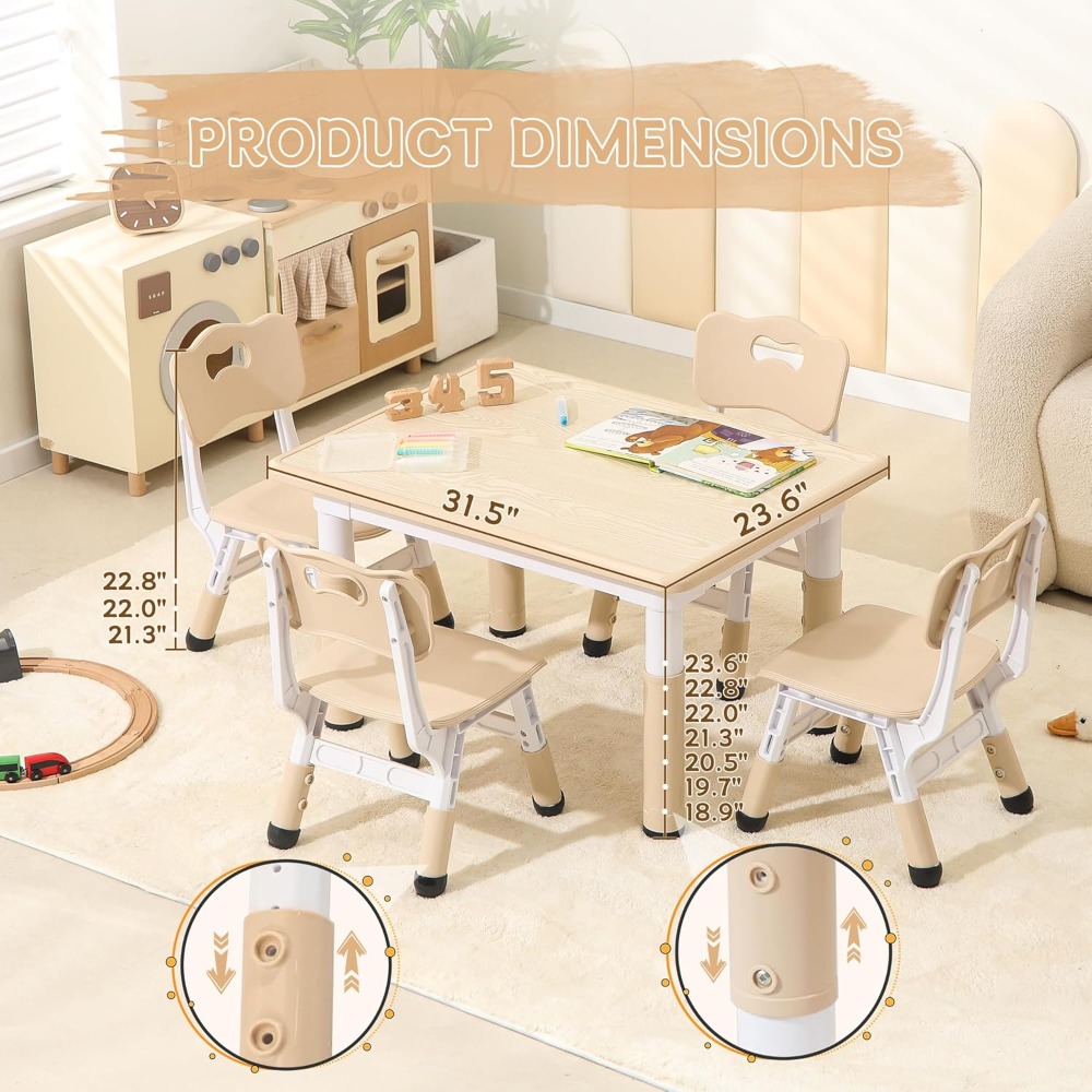Height-Adjustable Kids Table and Chairs, Toddler Table and 4 Chairs Set with Anti-Slip Foot Covers, Children Activity Table