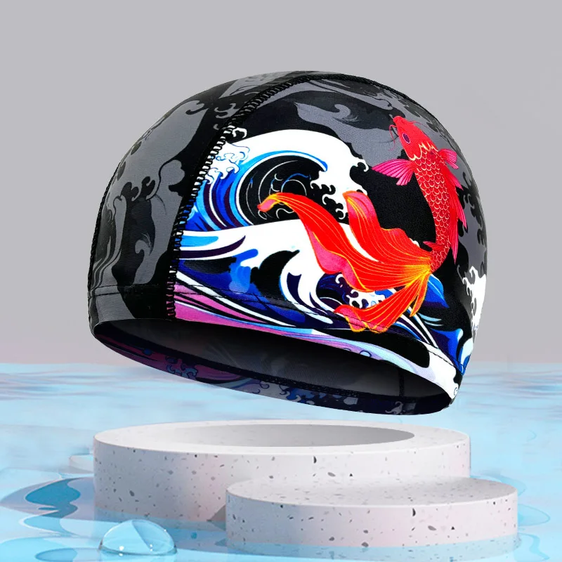 หมวกว่ายน้ํา Quick Dry Breathable พิมพ์หมวกว่ายน้ําสําหรับผู้ชายผู้หญิงผมยาวป้องกันหูผู้ใหญ่หมวกว่ายน้ําอุปกรณ์สระว่ายน้ํา