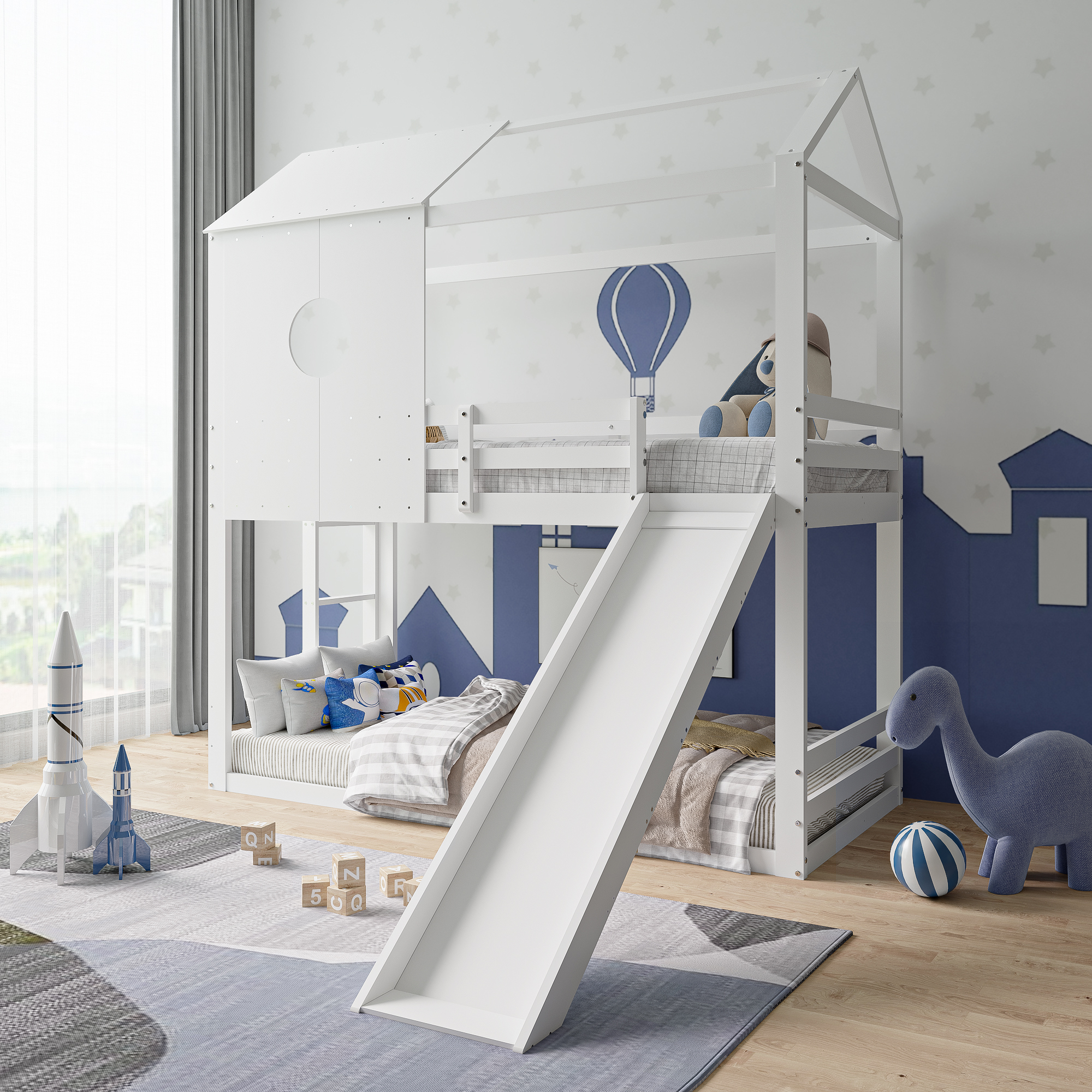 Lit superposé enfant Lazyspace, avec toboggan, lit superposé blanc avec toit, avec protection complète et sommier à lattes, 90 x 200 cm