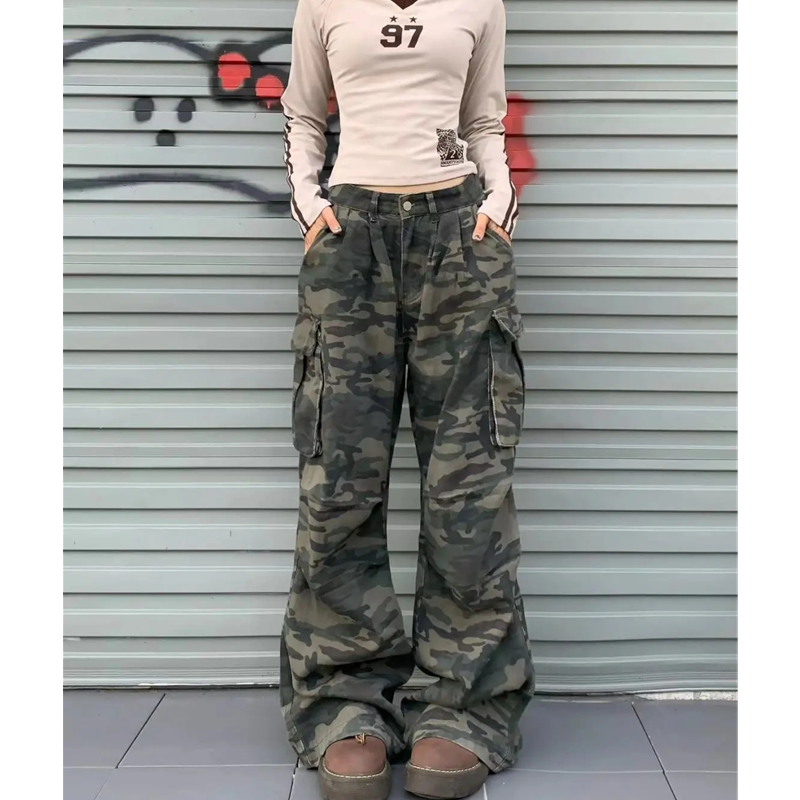 Camouflage กางเกงยีนส์ผู้หญิง Y2K Hip Hop วินเทจกางเกงยีนส์เอวสูงตรง Streetwear ลําลองหลวมขนาดใหญ่ขากว้างกางเกง