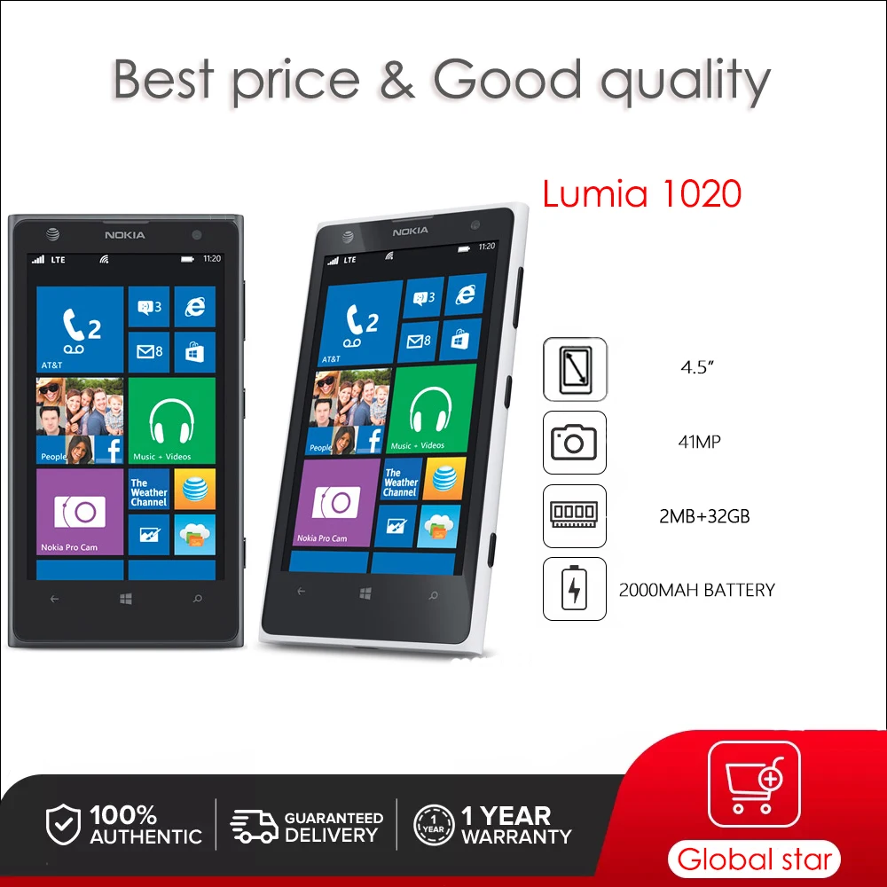 Original Lumia 1020  41MP 2G 4.5" WIFI 2GB+32GB Bluetooth CellPhone  Made in Finland Unlocked Free Shipping