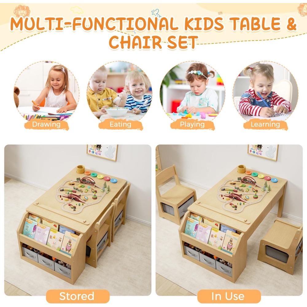 Children's 5-in-1 Art Table and Chair Set, Toddler Craft Desk, Play Table with Convertible Easel and Paper Roll Holder