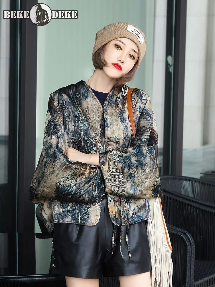 Frühling Neue Vintage Floral Bedruckte Frauen Schaffell Echtes Leder Jacke Lose Fit Batwing Hülse Reversible Mantel Outwear Mantel