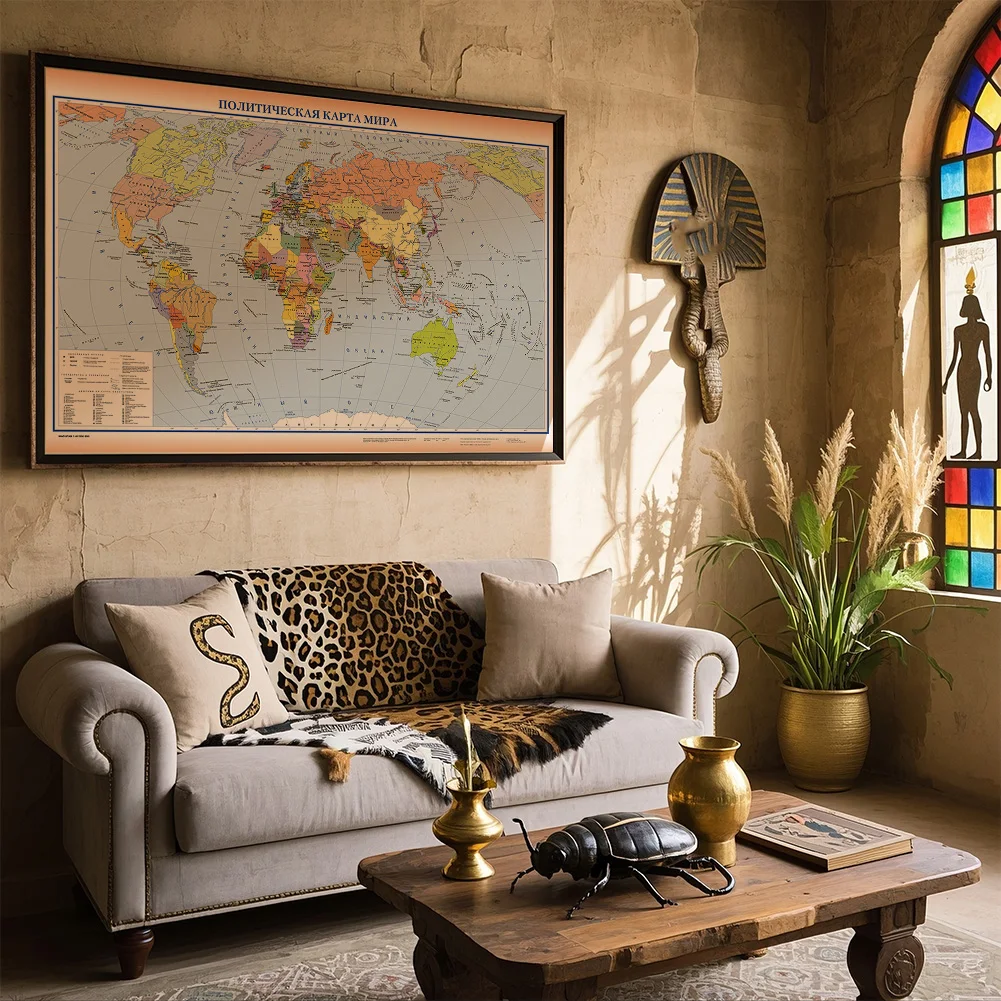 Mapa del mundo con ciudades resaltadas en ruso, pintura plegable, póster artístico de pared no tejido, suministros educativos escolares, 225x150cm
