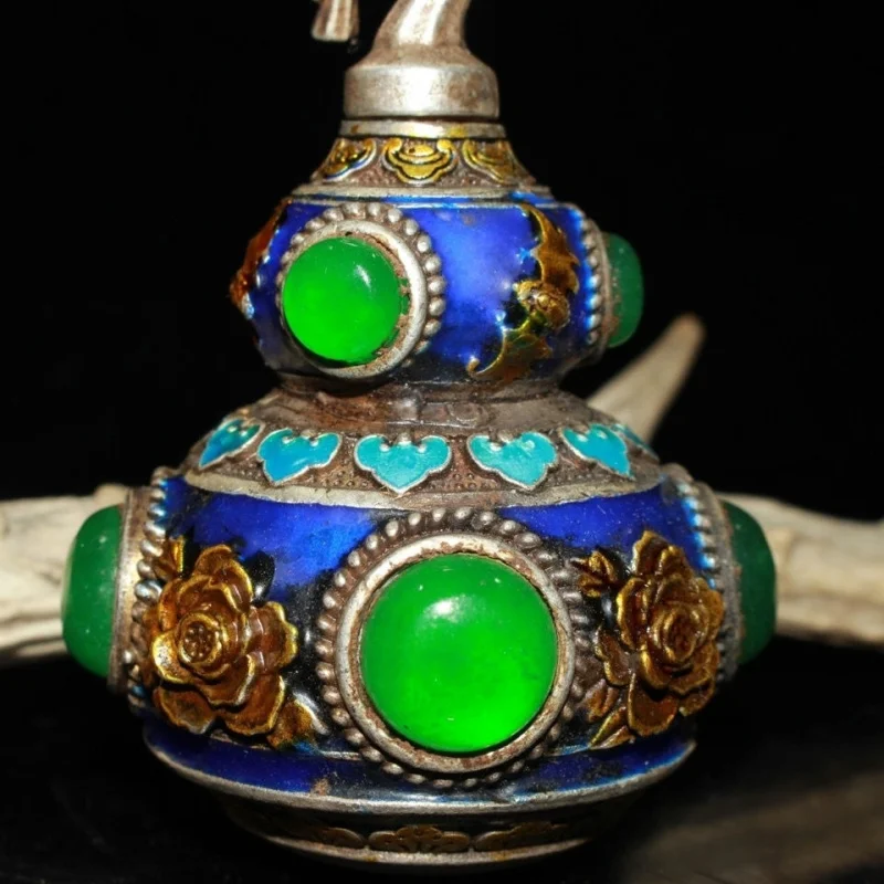 Coleção inicial incrustada jade banhado a ouro puro branco cobre cabaça garrafa de rapé ornamento fino acabamento a condição é como mostrar