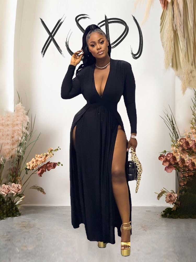 Plus Größe Frauen Kleidung 2xl 3xl 4xl 5xl Lange Elegante Kleid mit Ärmeln Herbst Damen Sexy Party Feste Taille kleid Seite Schlitz