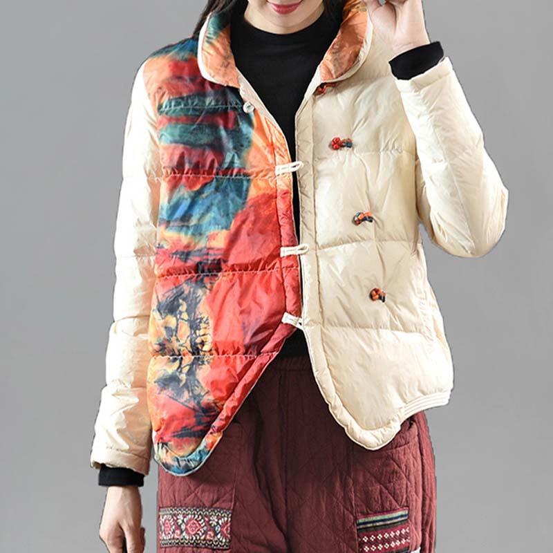 Vintage Coil Button Print Patchwork Daunen Baumwoll jacke Winter Frauen kurze Jacke warmen Mantel leichten Mantel Langarm Parkas