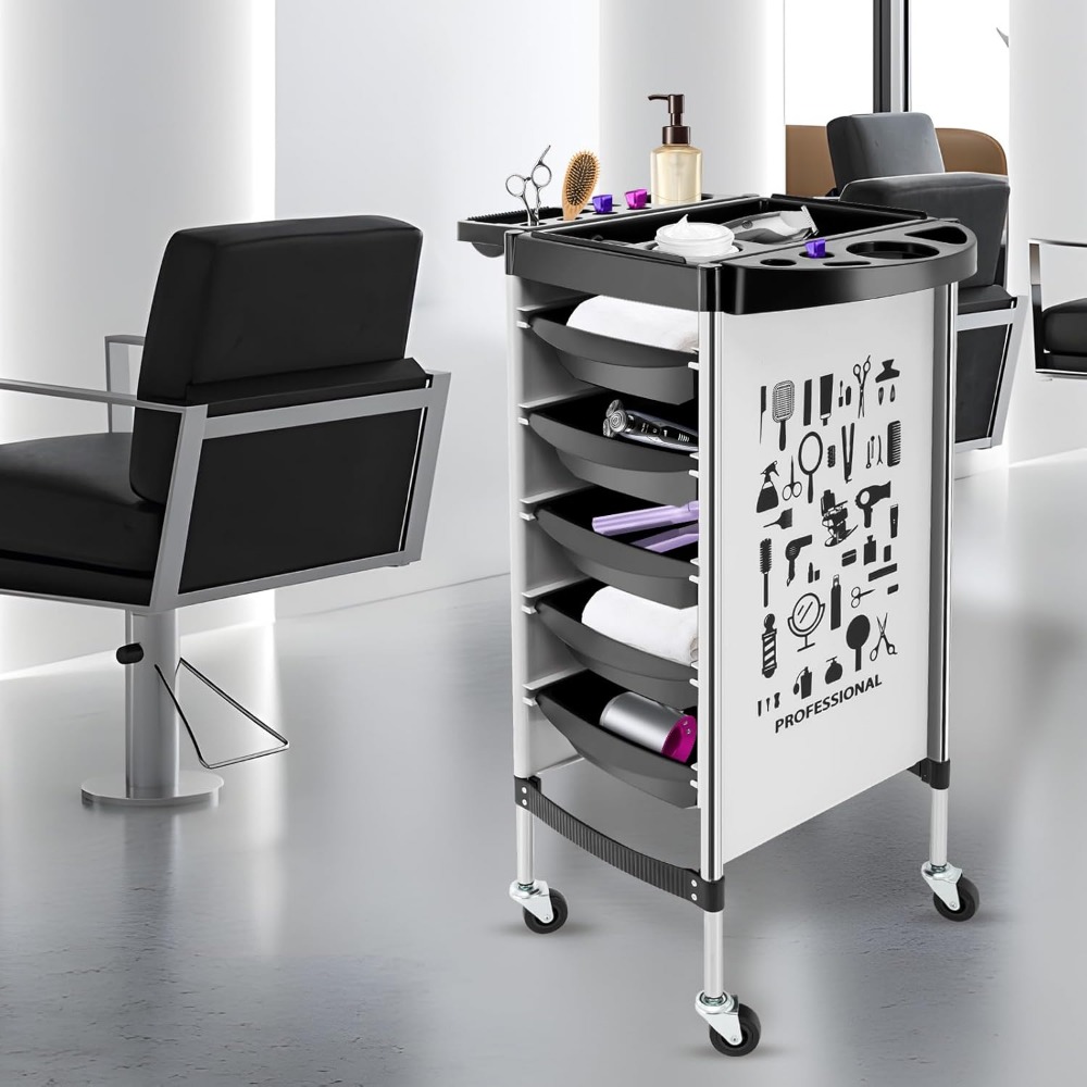 Friseurwagen mit 5 Schubladen und Rollen, Salon-Arbeitswagen, Trolley, Stylist, Friseur, Weiß