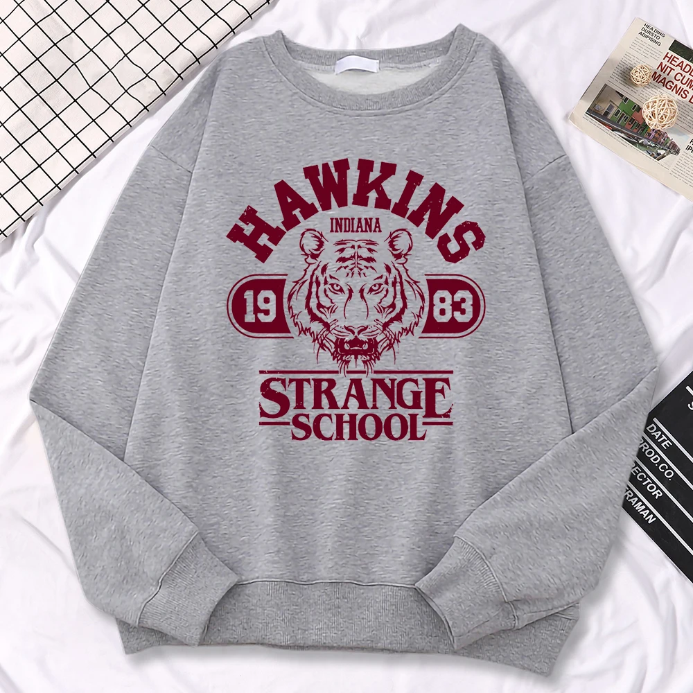 Sudadera informal de calle para mujer, sudaderas con capucha con estampado de Hawkins High School Indiana 1983, jerséis holgados de cuello redondo, ropa cálida de lana