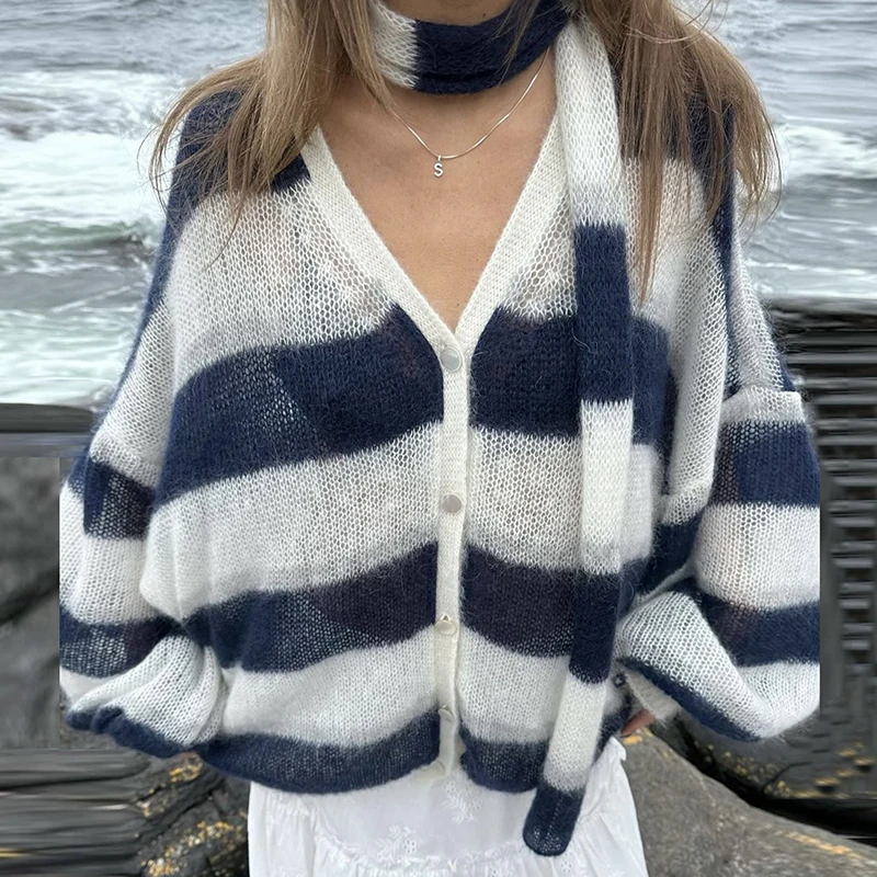 TARUXY Mode Gestreiften Pullover Strickjacke Mit Schal Weibliche Lose Dünne Hohl Gestrickte Top Laterne Hülse Kontrast Farbe Retro Top