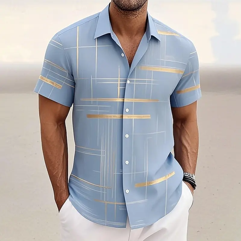 8-kleuren geometrisch rasteroverhemd voor heren, knoopoverhemd, korte mouw, mode, casual, buitenvakantie, streetwear, 3D-geprint reversoverhemd