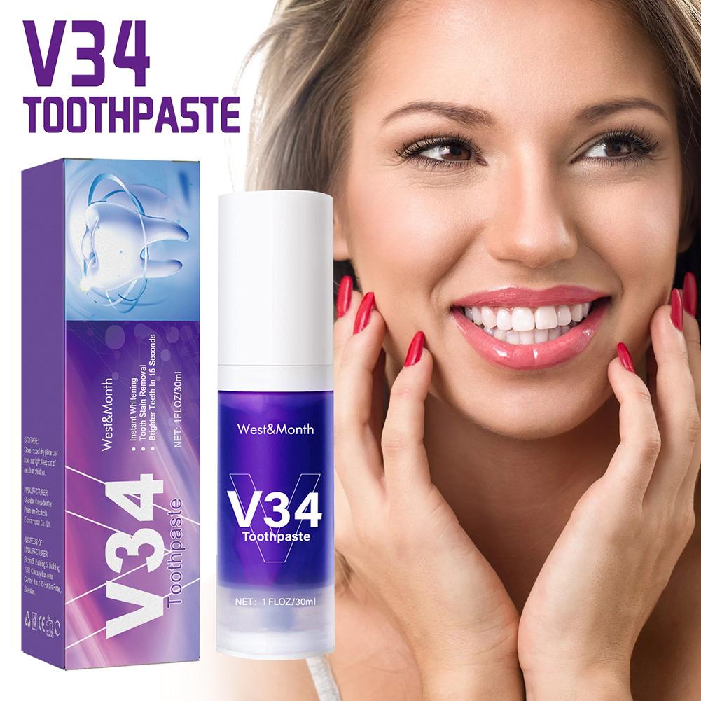 V34 pasta de dientes blanqueadora púrpura eliminación de manchas de dientes limpieza higiene bucal blanqueamiento herramientas dentales aliento fresco cuidado de los dientes 30ml
