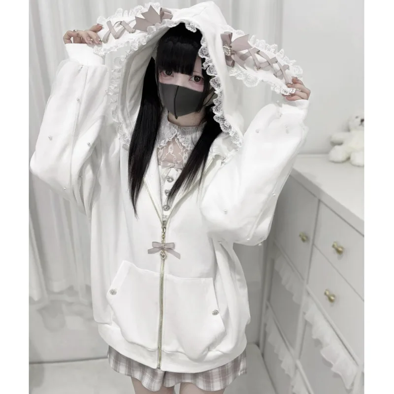 Coelho moletom com capuz y2k orelha de coelho com capuz lolita jaqueta arco meninas pérola jk japão renda kawaii zíper cardigan manga comprida topo