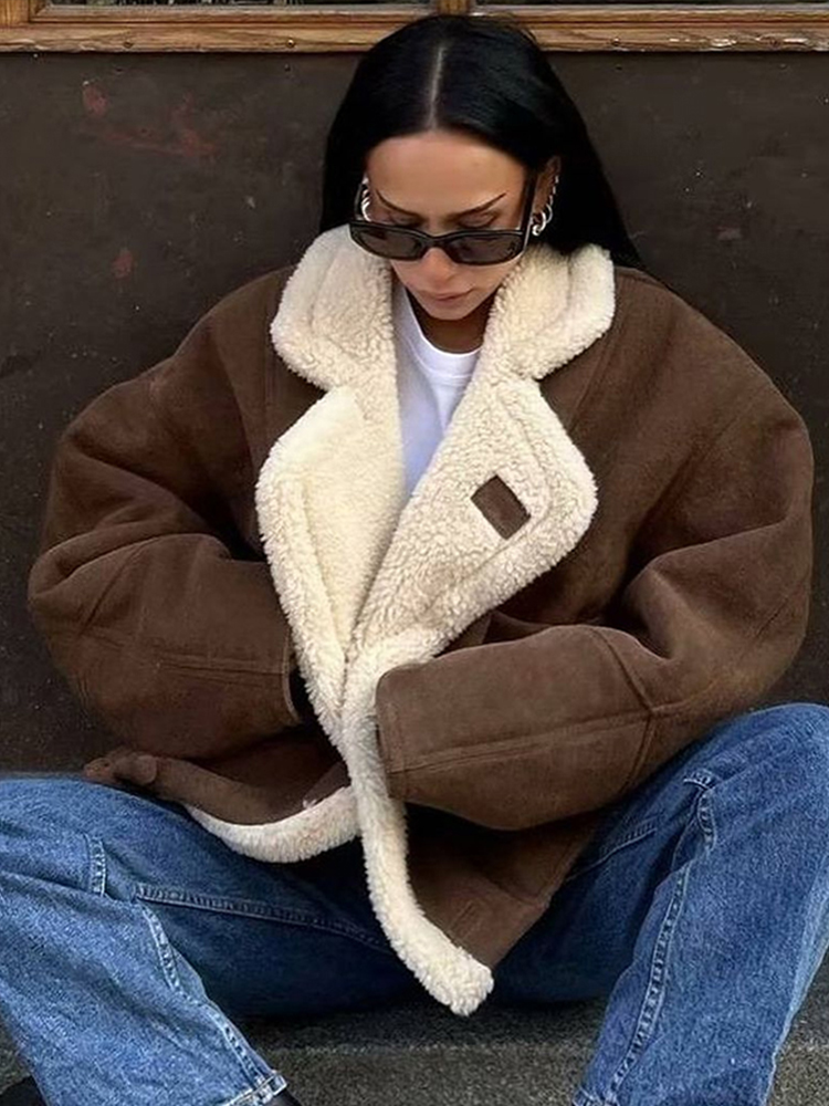 Vintage Faux Leder Warme Mantel Dicken Flauschigen Spleißen Großen Revers Mäntel Weibliche Lange Hülse Oberbekleidung Winter Dame Straße Jacken