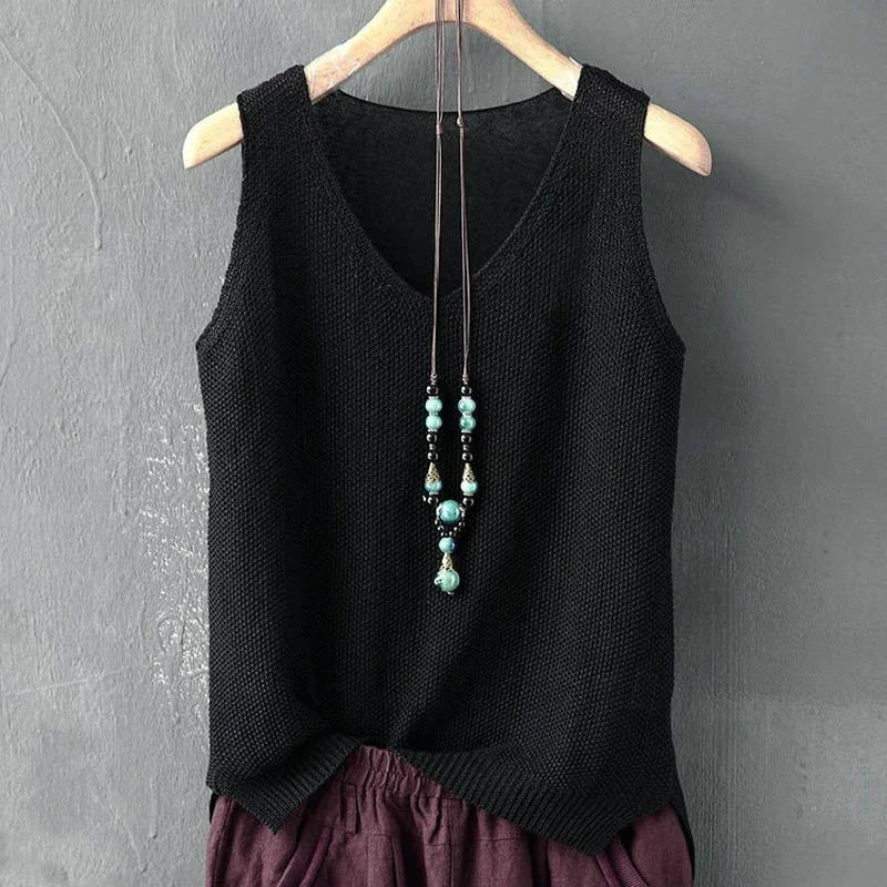 Camisola de verão colete para mulheres solto-ajuste com decote em v sem mangas de malha regata feminina casual roupa de praia
