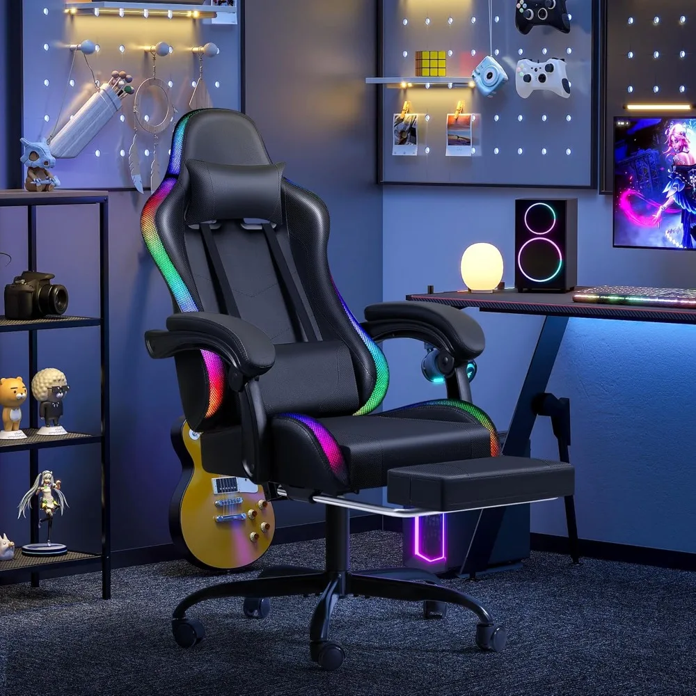 Gaming Chair with RGB LED Lights, Video Game Chair with Footrest and Massage Lumbar Support, High Back Reclining