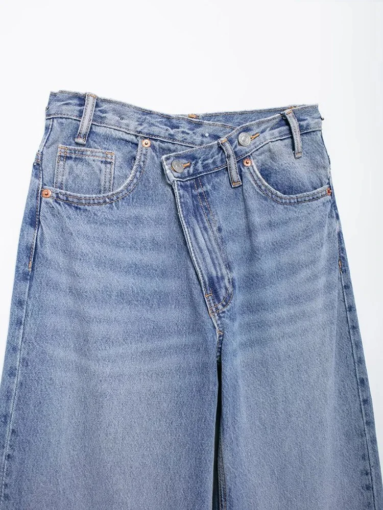women's asymmetric design high-waisted wide-legged jeans new basic models versatile fashion straight trousers trousers