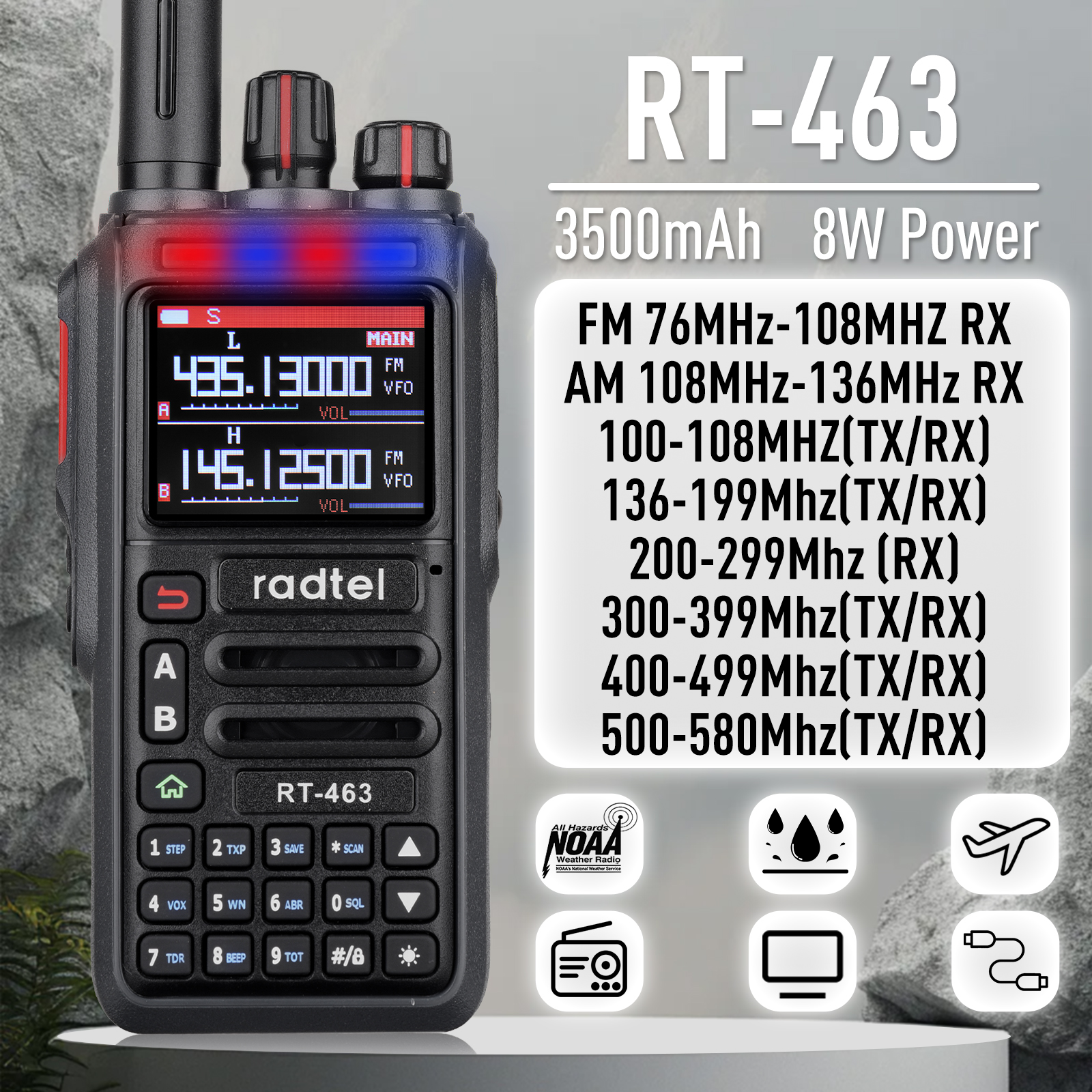 Radtel RT-463 8w 멀티 밴드 햄 라디오 아마추어 2 웨이 라디오 199CH 충전식 워키 토키 AM 항공 항공 밴드 3500mAh Type-c