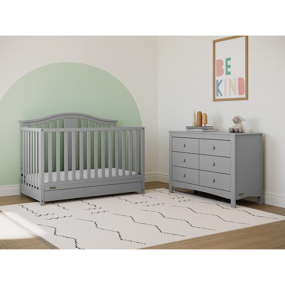 Solano 4-in-1 Convertible Crib with Drawer (Pebble Gray) – GREENGUARD Gold Certified, Crib with Drawer Combo,