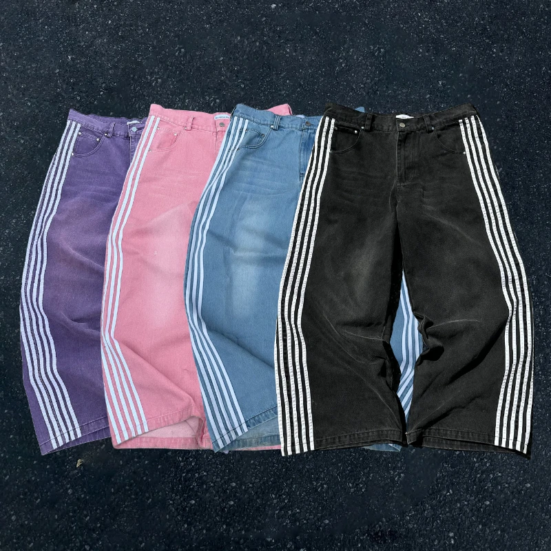 Gothic Männer Baggy Jeans Y2K Retro Zehn Streifen Hohe Qualität Unisex Streetwear Trendy High Street Casual Gerade Denim Hosen
