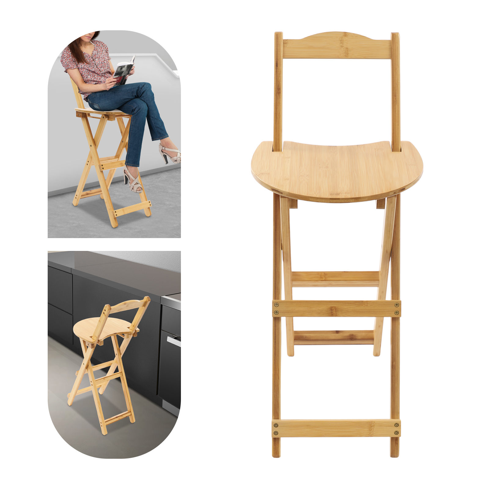 Barhocker, klappbarer Bambus-Küchenstuhl mit Rückenlehne, klappbarer Küchenstuhl, klappbarer Bambus-Barhocker
