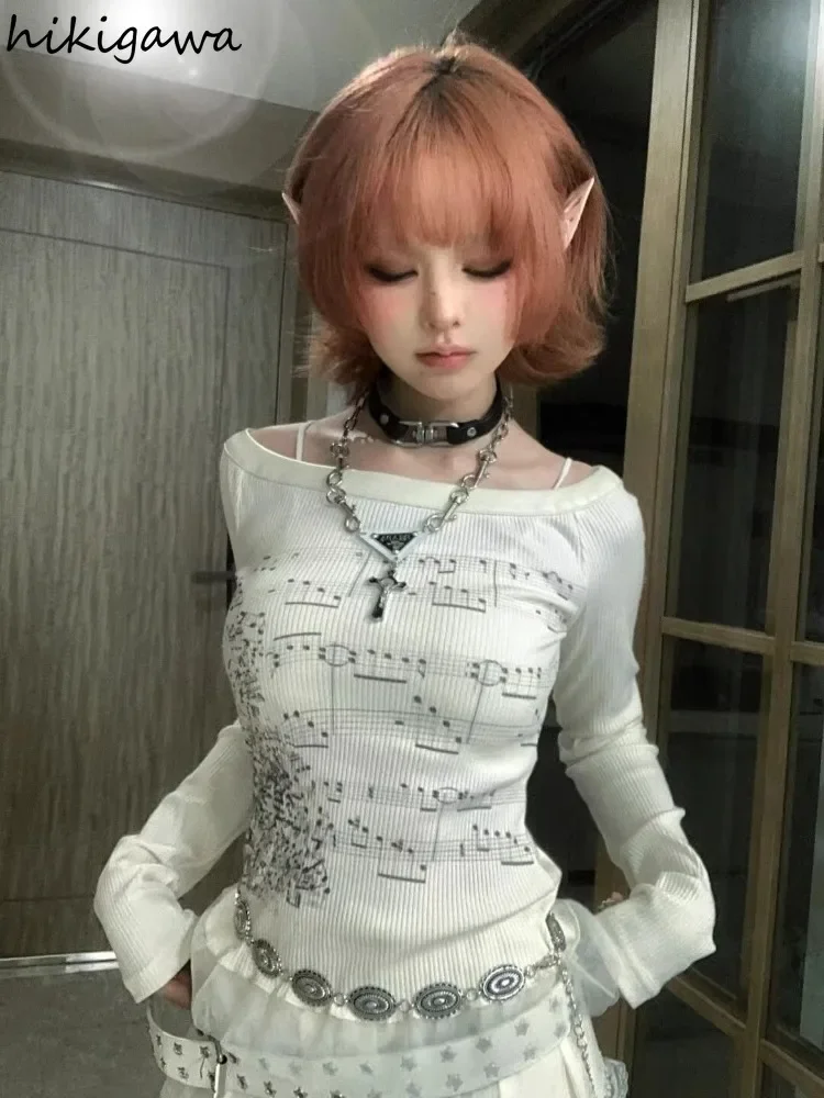 Camisetas Punk para Mujer, Túnica estampada de manga larga, Camisetas coreanas de moda Y2k, camisetas informales con cuello oblicuo, Ropa de Mujer 2025