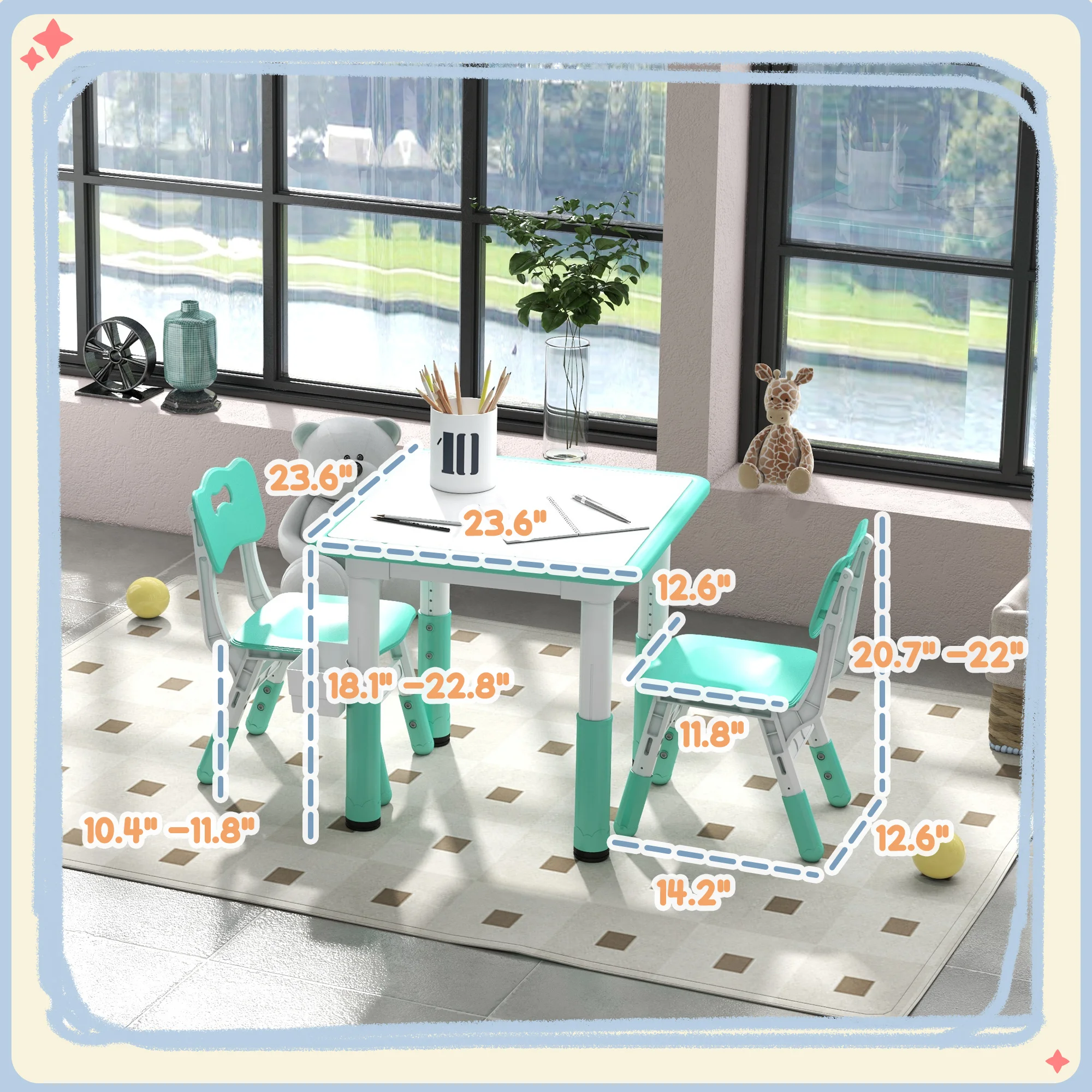 3 Pieces Height Adjustable Kids Table and Chairs for Daycare, Green