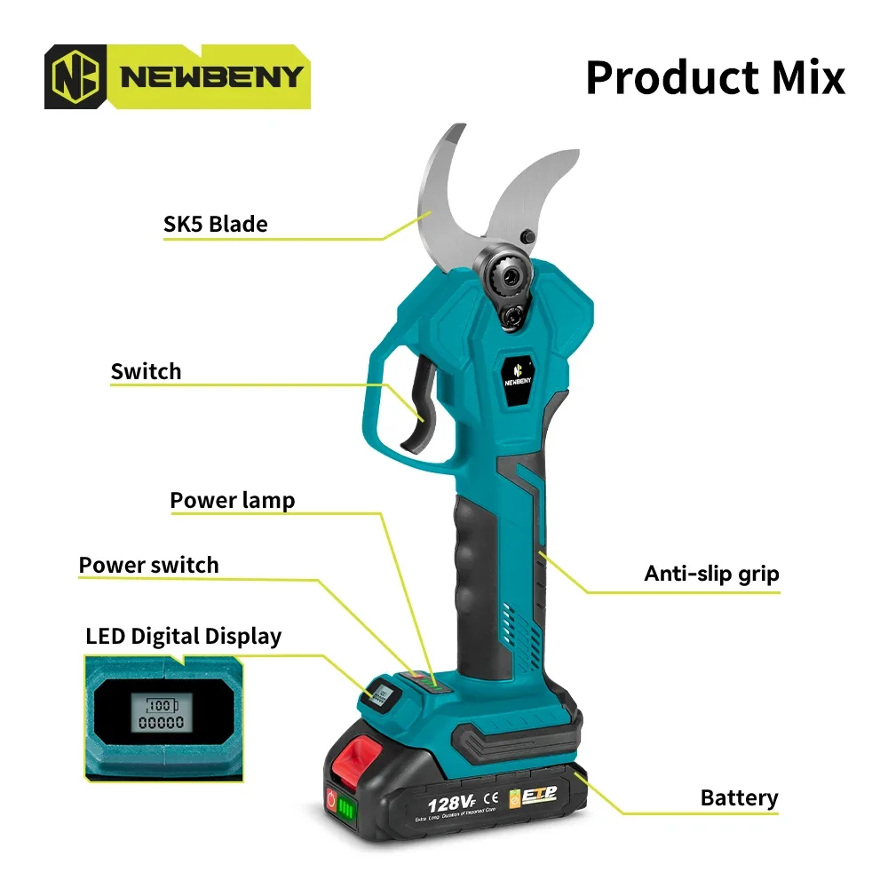 NEWBENY 45 มม.4 เกียร์Brushlessไฟฟ้าPrunerเฉือนที่มีประสิทธิภาพชาร์จสวนตกแต่งเครื่องมือFitสําหรับMakita 18Vแบตเตอรี่Pins