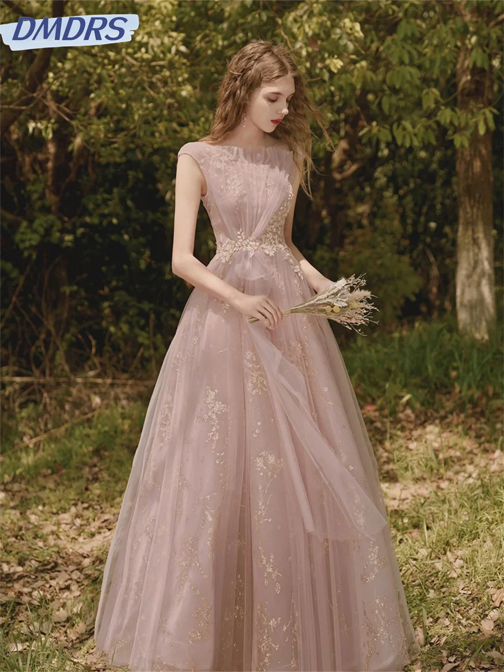 เดรสผ้าทูลล์เรียบง่าย2024ชุดราตรีทรงเอไลน์แขนกุดชุด Charming ยาวถึงพื้น