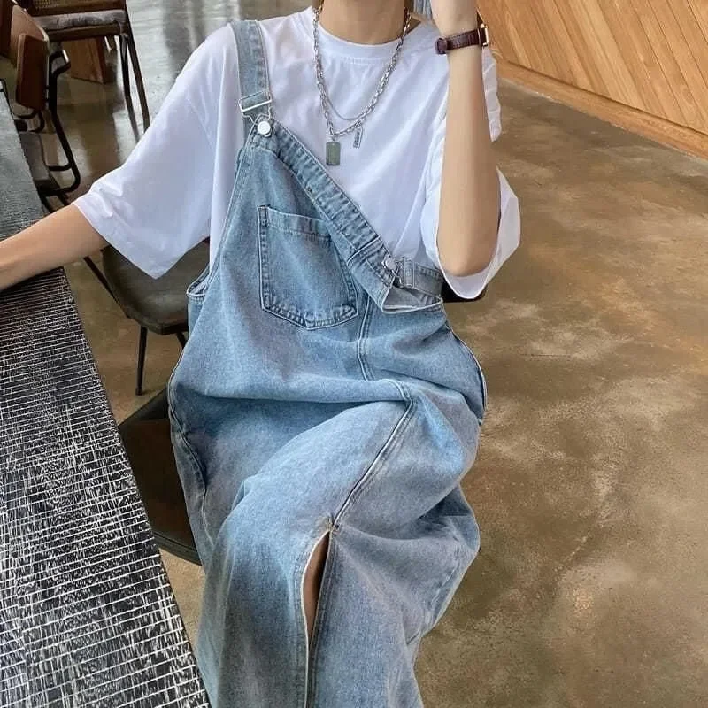 Frühling Sommer Denim Insgesamt Kleid Frauen Ärmellose Jeans Kleider Mode Weibliche Feste Slip Beiläufige Lose Spaghetti Strap Kleider