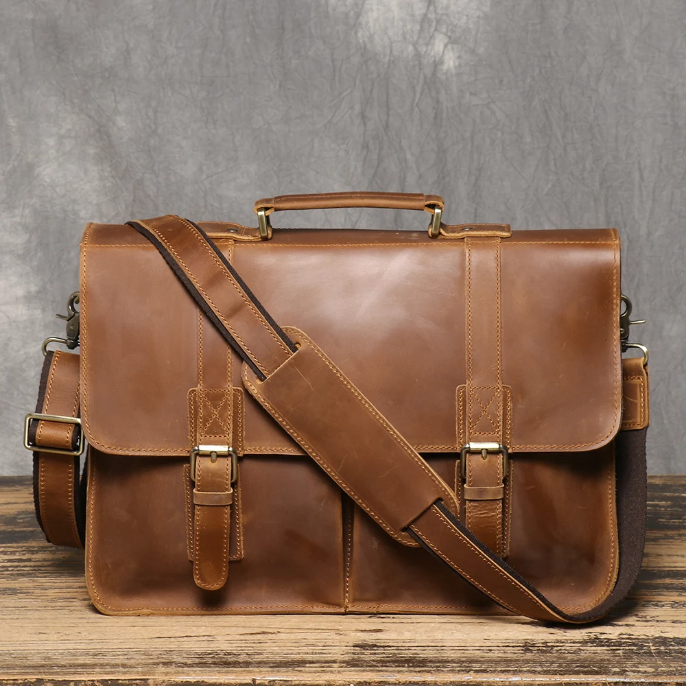 Maletín Retro de cuero Crazy Horse para hombre, bolso de hombro tipo bandolera de piel de vaca, bolso para ordenador portátil de cuero genuino de gran capacidad