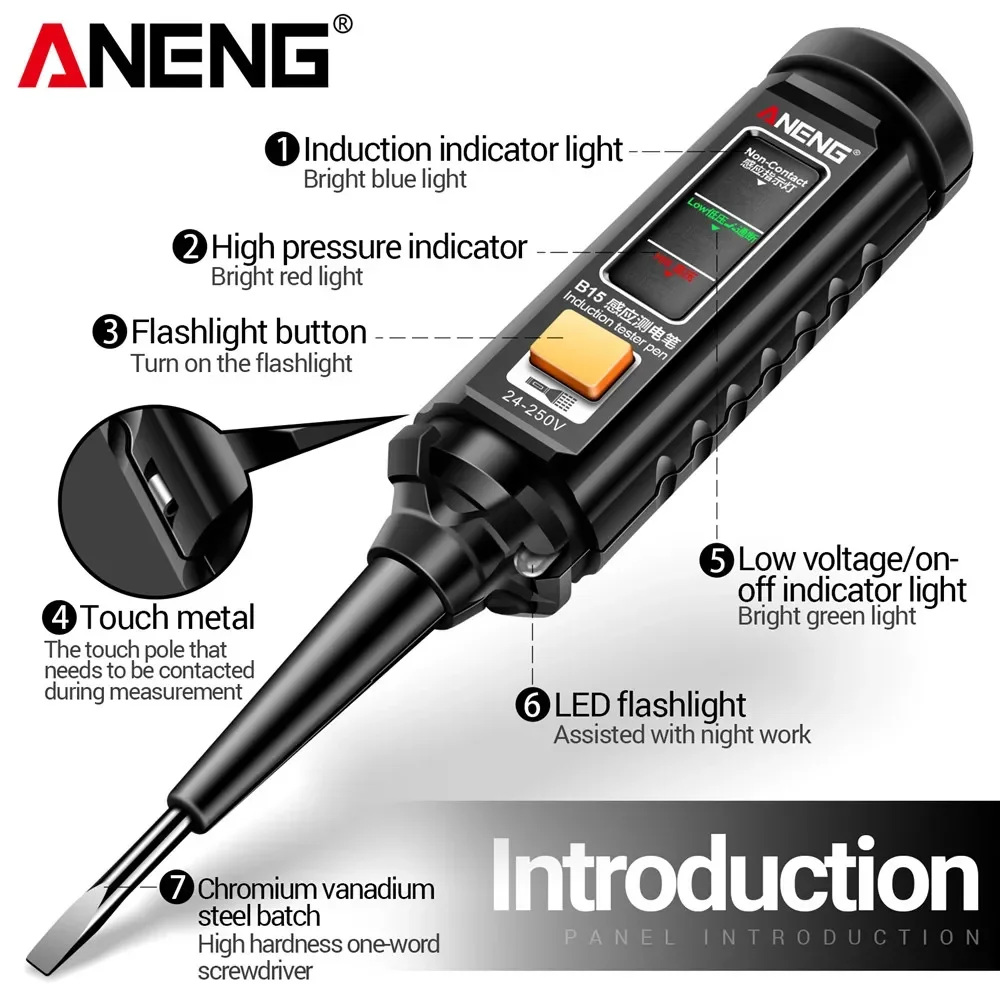 ANENG B15 probador de voltaje multifunción Detector de pluma inducción AC 24V-250V voltímetro NCV línea de cable punto de interrupción herramientas de electricista