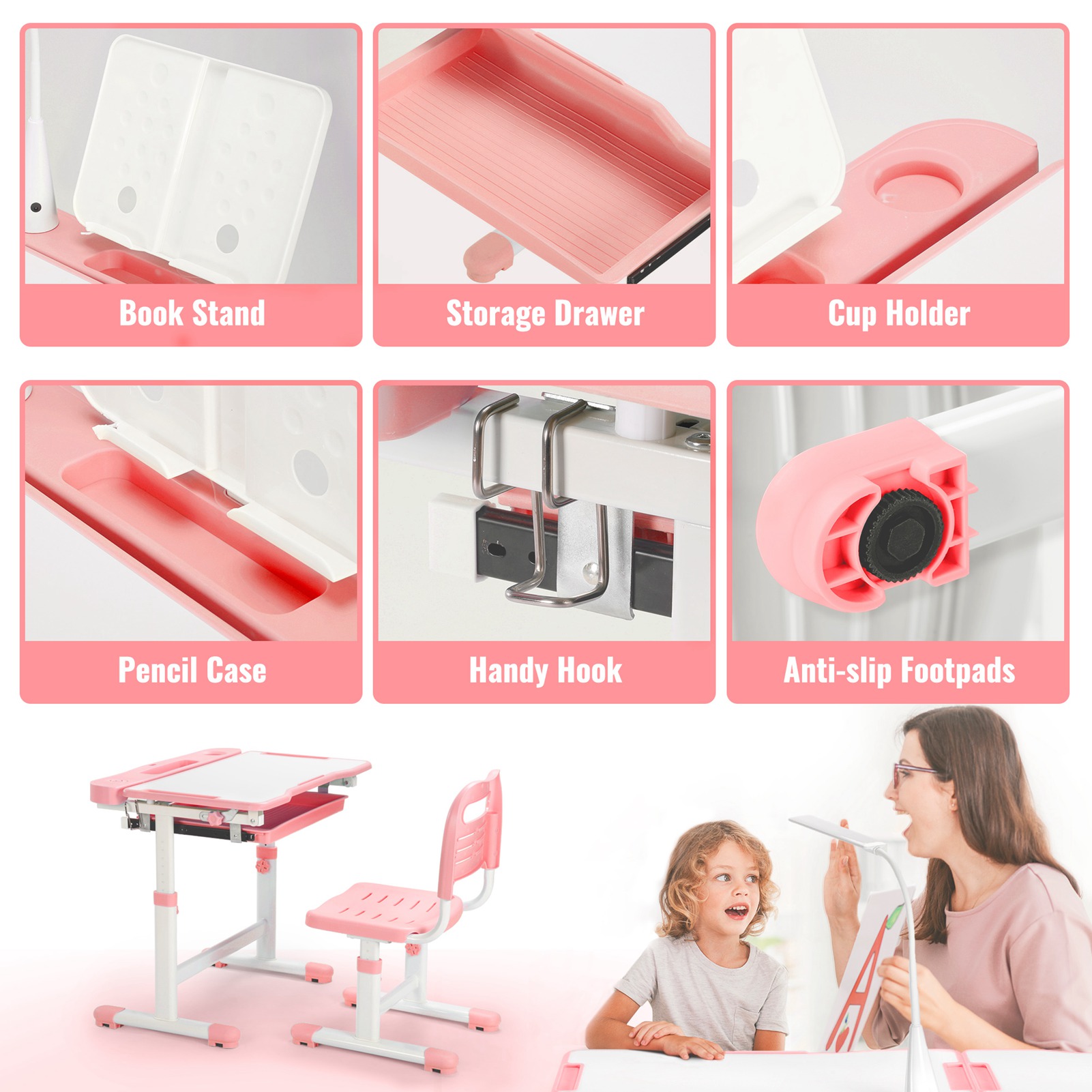 Verstellbares rosa Kinder-Studientisch- und Stuhlset mit 0-55 °   Neigbarer Schreibtisch – Ergonomische multifunktionale Möbel für das Lernen zu Hause
