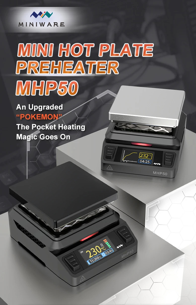 MINIWARE MHP50 Mini preriscaldatore a piastra riscaldante 50*50mm Area di riscaldamento tavolo riscaldante a temperatura costante 350 ℃ strumento di riscaldamento intelligente