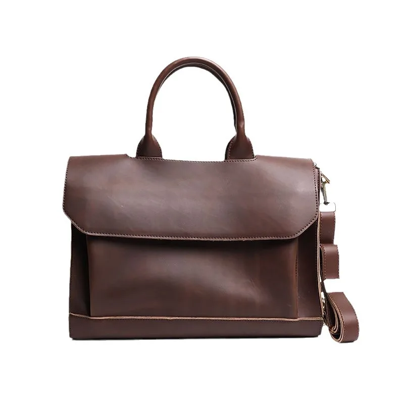 Retro Crazy Horse Leather Briefcase Business Handbag Men's Commuting Large Capacity Computer Bag Single Shoulder Crossbody Bag