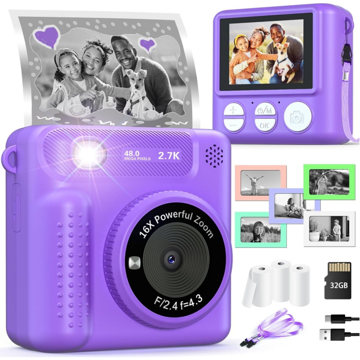 VATOS Sofortbildkamera, 2,4-Zoll-1080P-HD-Video-Digitalkamera für Kinder und Mädchen mit Fotorahmen, Druckpapier, Weihnachts- und Geburtstagsgeschenk