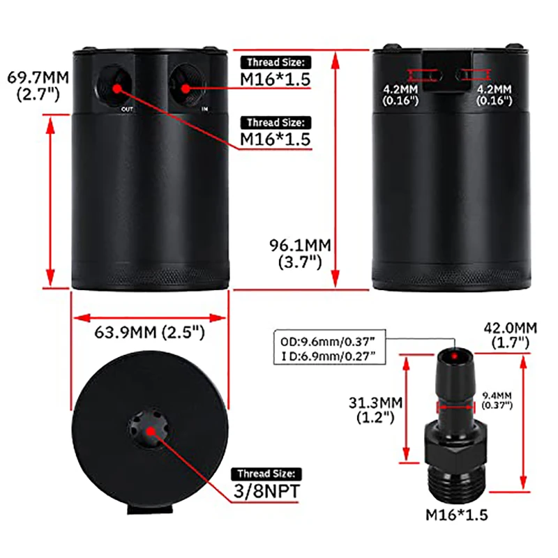 Universeller 300-ml-Ölauffangbehälter, kompakter, verballener 2-Port-Aluminiumbehälter, Ölauffangbehälter, Kraftstofftank, atmungsaktiver Wasserkocher mit zwei Löchern
