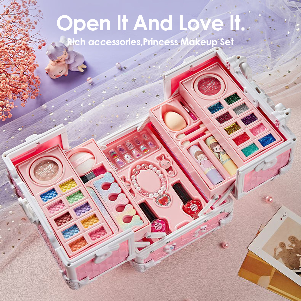 Kinder-Make-up-Set für Mädchen, Prinzessin, echt waschbar, Rollenspiel-Kosmetik-Set, Spielzeug mit Spiegel, ungiftig und sicher, Geburtstagsgeschenke