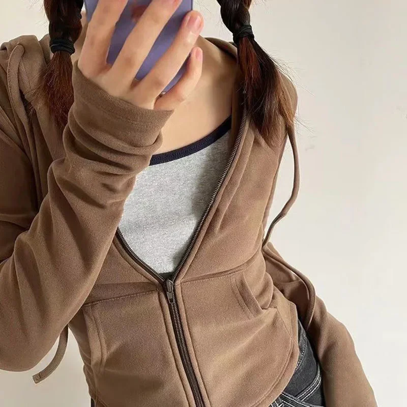 Xpqbb vintage zip up recortado hoodies feminino cor sólida y2k manga longa com capuz jaqueta mulher estilo coreano magro streetwear com capuz